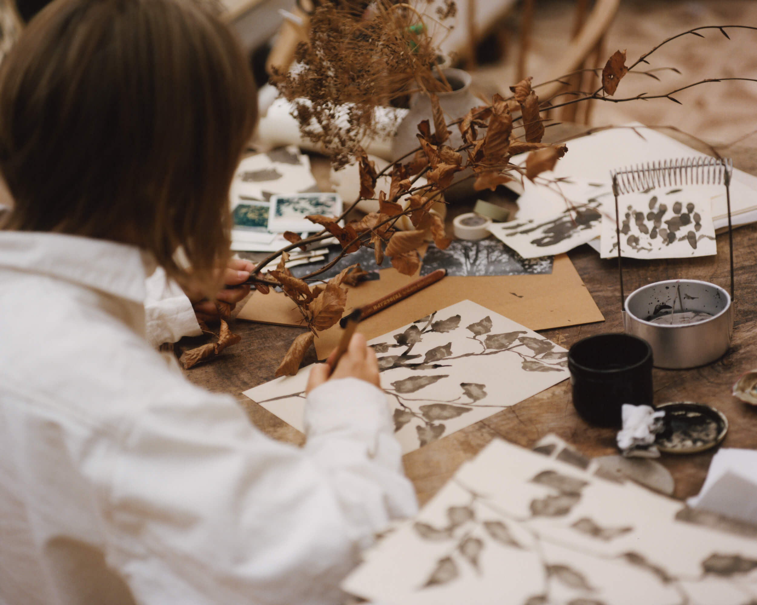 Original contemporary artwork by British artist Lucy Auge, based in Somerset, using sumi ink on British-made paper to depict observed moments in nature through a process-led practice rooted in heritage craft.