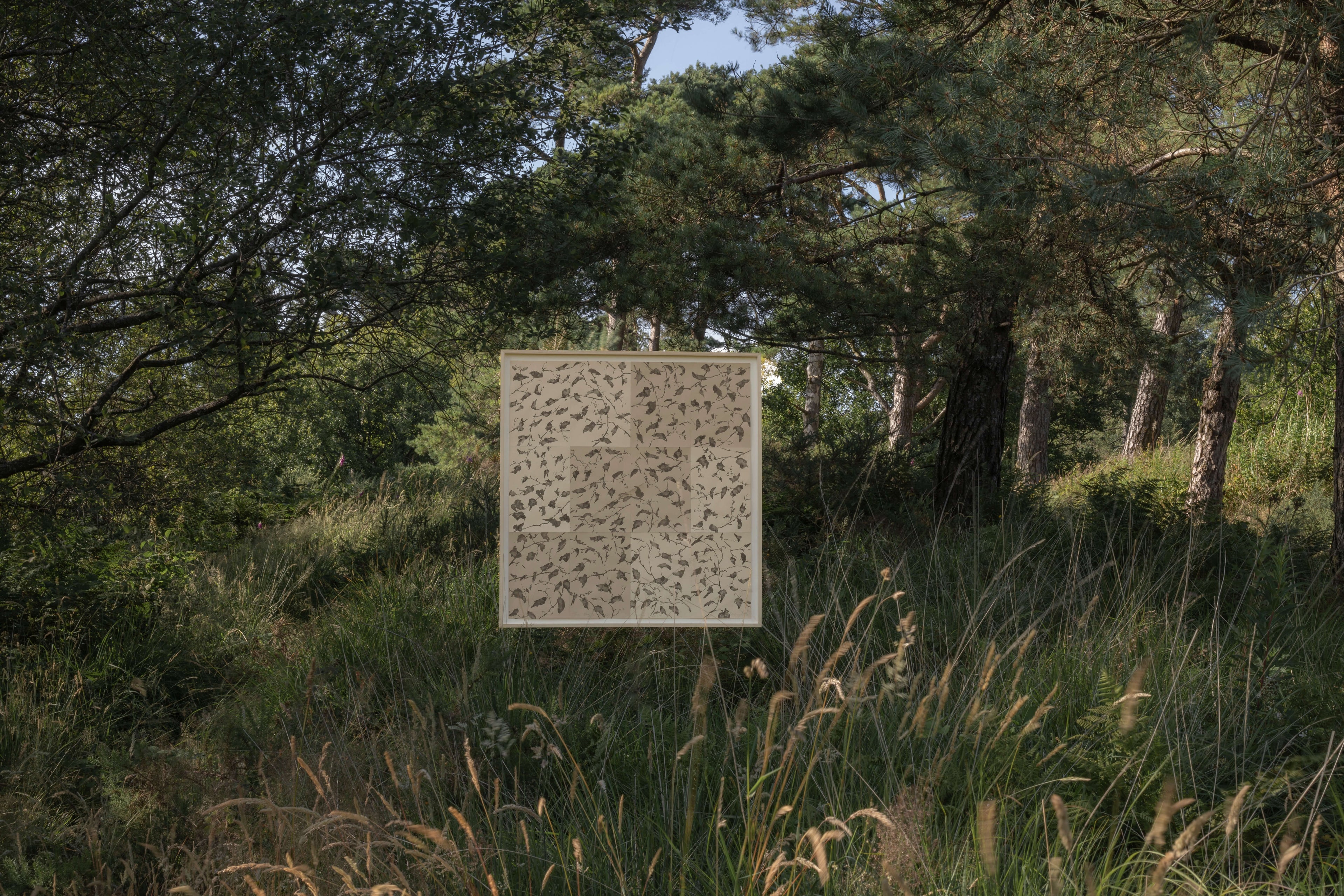 Lucy Auge contemporary tree painting across panels, nature-led artwork inspired by English countryside